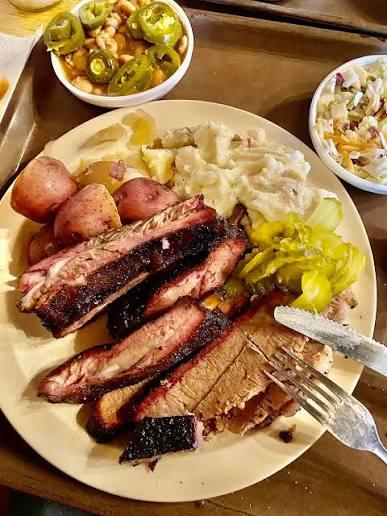 Mesquite ribs and brisket with slaw, beans, and potatoes